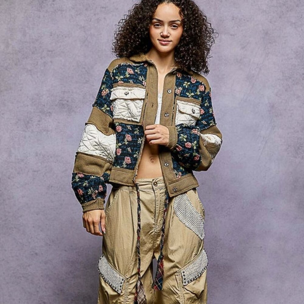 POL Vintage Washed Jacquard Color Block Jacket